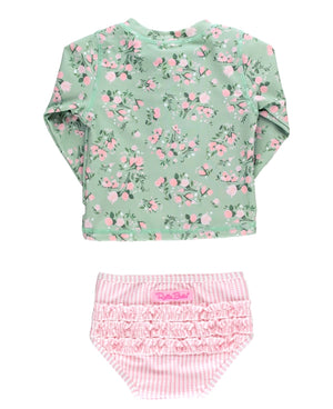 Ruffle Butts- Long Sleeve Zipper Rash Guard Bikini-Tea Roses
