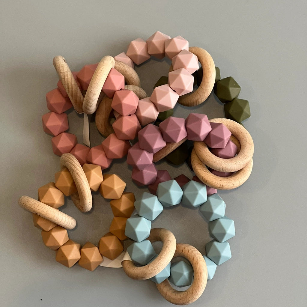 Three Hearts-Abby Silicone & Beech Wood Rattle-Slate