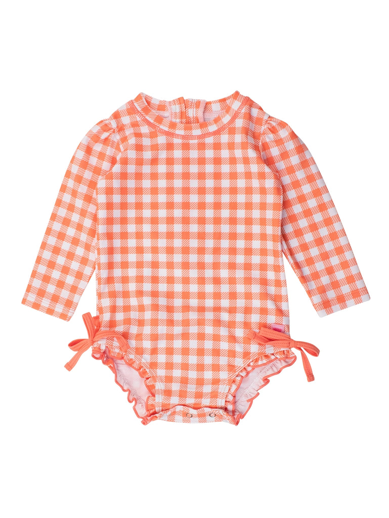 Ruffle Butts-Long Sleeve One Piece Rash Guard-Coral Gingham