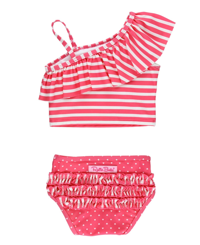 Ruffle Butts- One Shoulder Ruffle Tankini-Hot Pink Heart Polka Dot