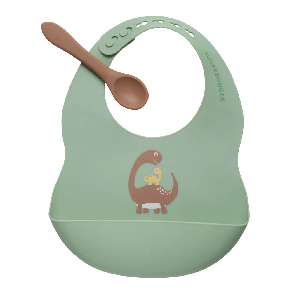 Ore - Fresh and Messy Silicone Bib and Spoon Set - Baby Dinosaur