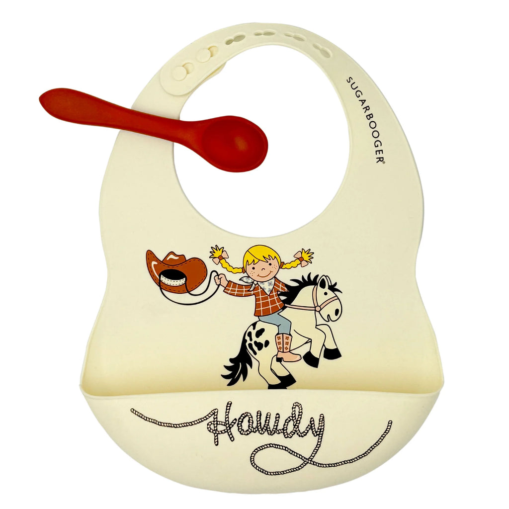 Ore - Fresh and Messy Silicone Bib and Spoon Set - Howdy Cowgirl