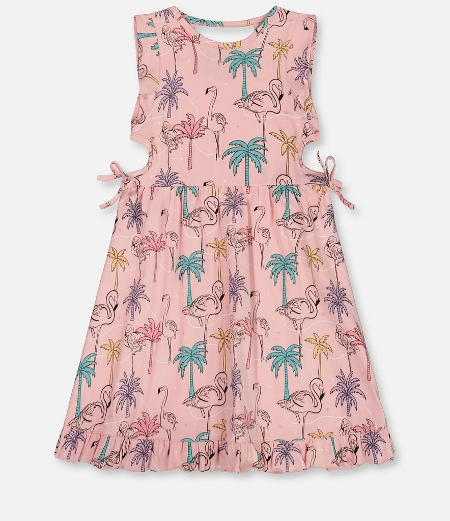 Deux Par Deux-Printed Organic Cotton Dress With Cut Outs Palm Trees, Pink Flamingo, And Turquoise