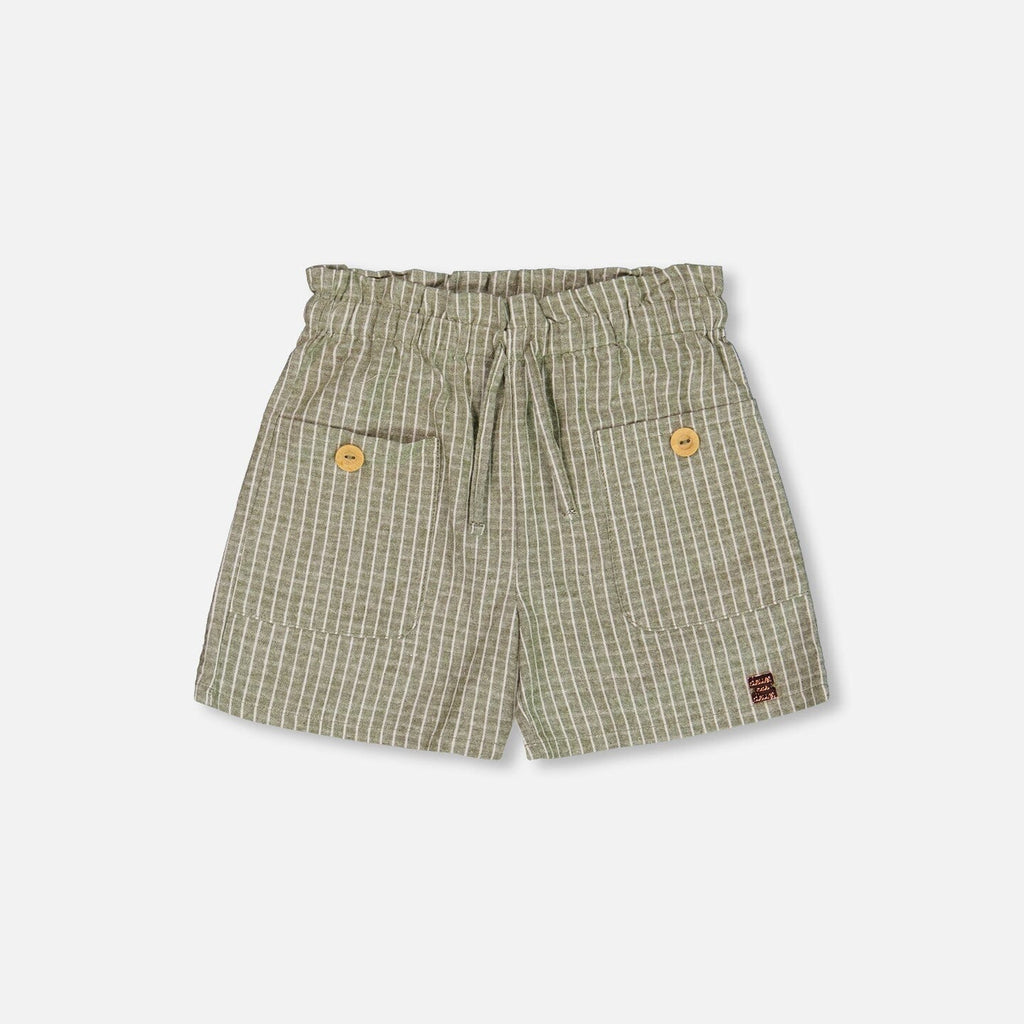 Deux Par Deux-Linen Short With Pockets Medium Green And Cream Striped
