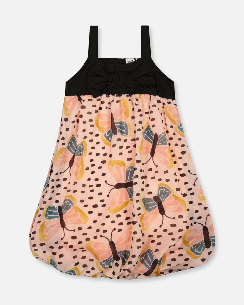 Deux Par Deux-Printed Bubble Dress Black And Pink Butterflies