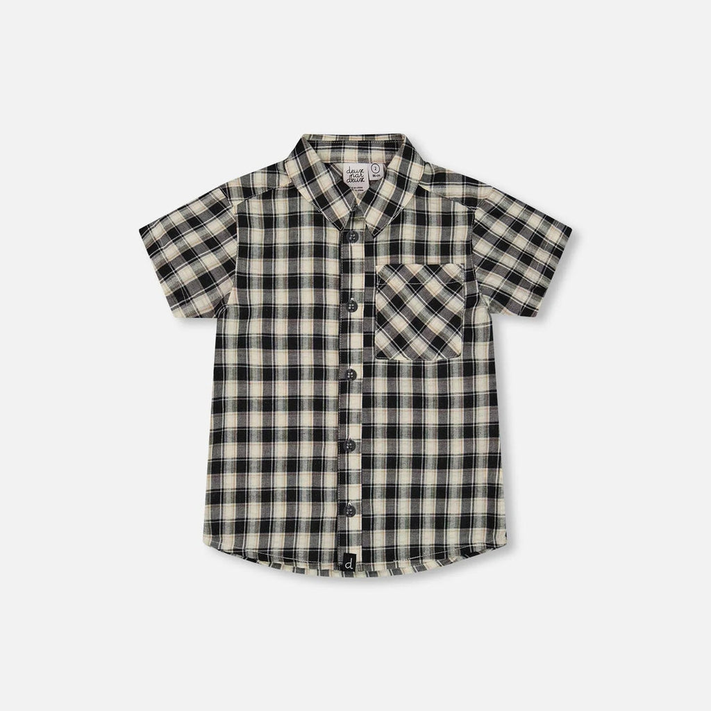 Deux Par Deux-Short Sleeve Button Down Shirt Black And Beige Plaid