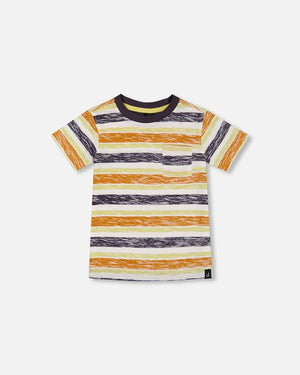 Deux Par Deux-Printed Organic Cotton Tee Navy Striped, Orange, And Lime Green