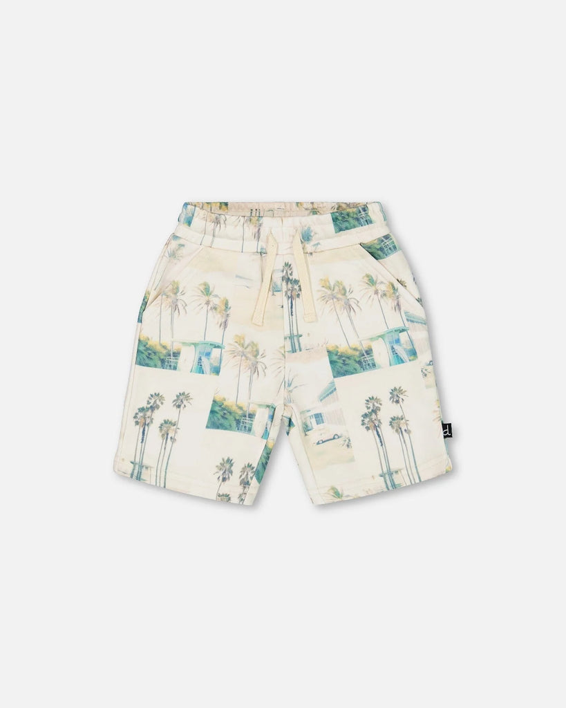 Deux Par Deux-Printed French Terry Short Beige Palm Tree And Teal