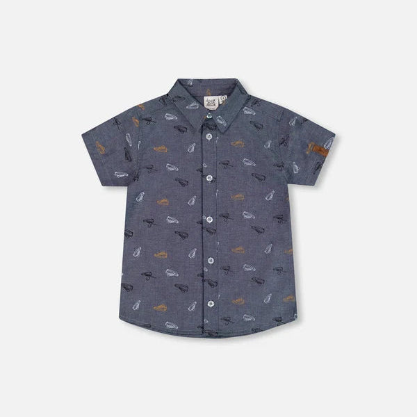 Deux Par Deux-Printed Chambray Short Sleeve Shirt Gray, White And Tan