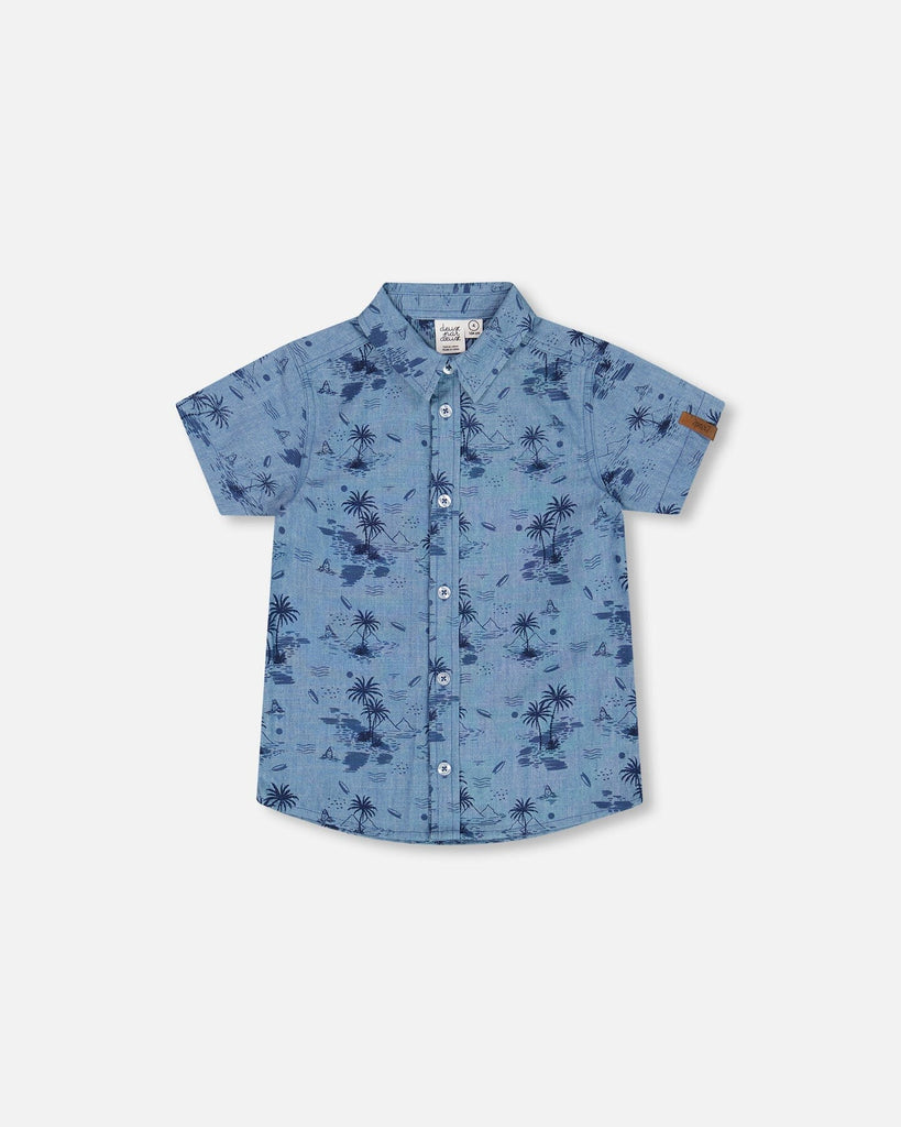 Deux Par Deux-Printed Chambray Short Sleeve Shirt Pale Blue And Navy