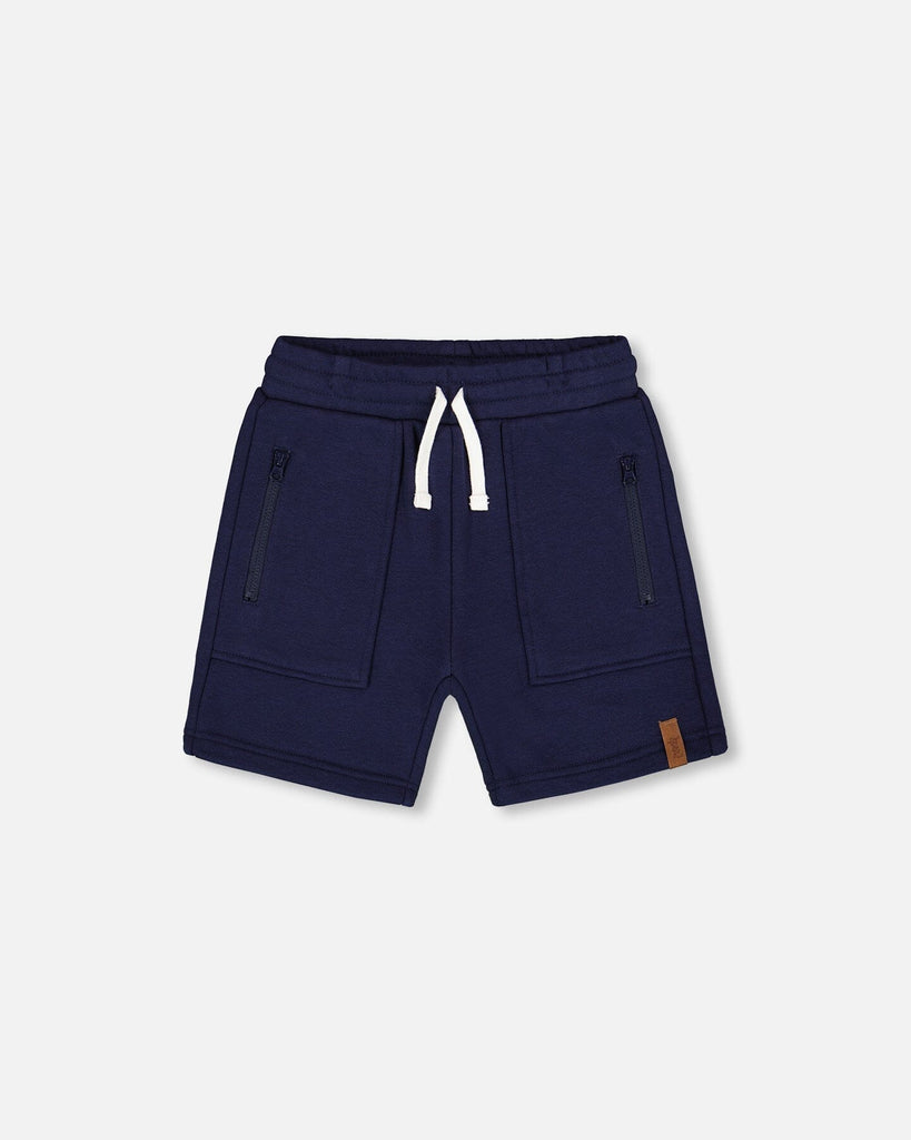 Deux Par Deux-French Terry Zip Pocket Shorts Navy Blue