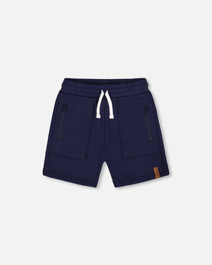 Deux Par Deux-French Terry Zip Pocket Shorts Navy Blue