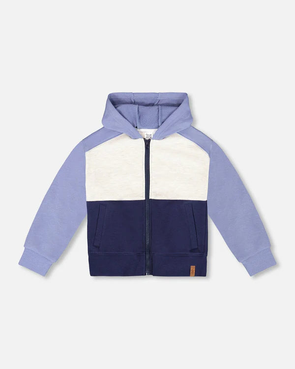 Deux Par Deux-French Terry Color Block Full Zip Hoodie Sweatshirt Blue, Navy And Cream
