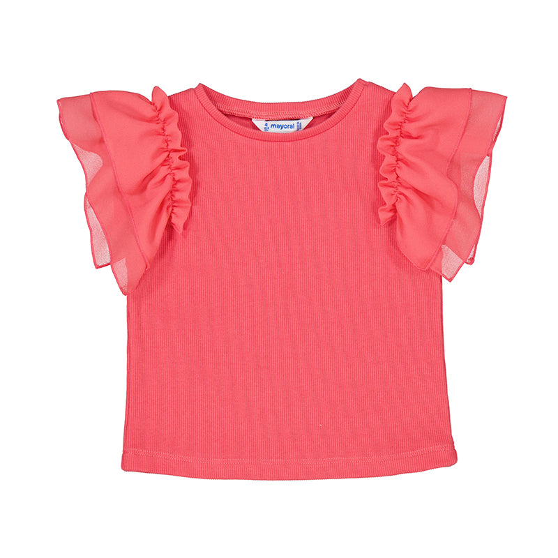 Mayoral-Girl T-Shirt with Organza Ruffles-Peony