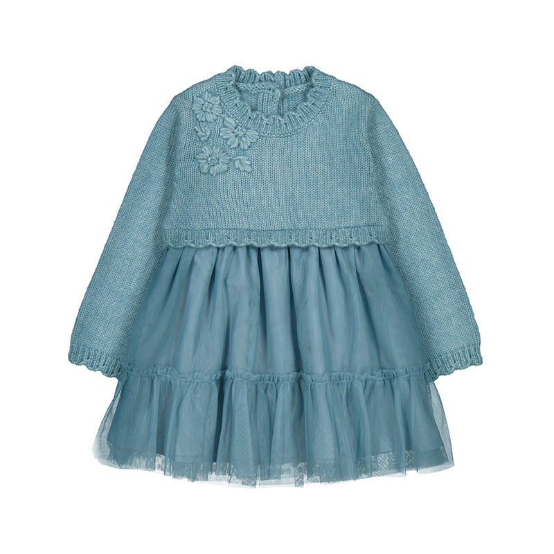 Mayoral-Baby Knit Tule Dress-Blue