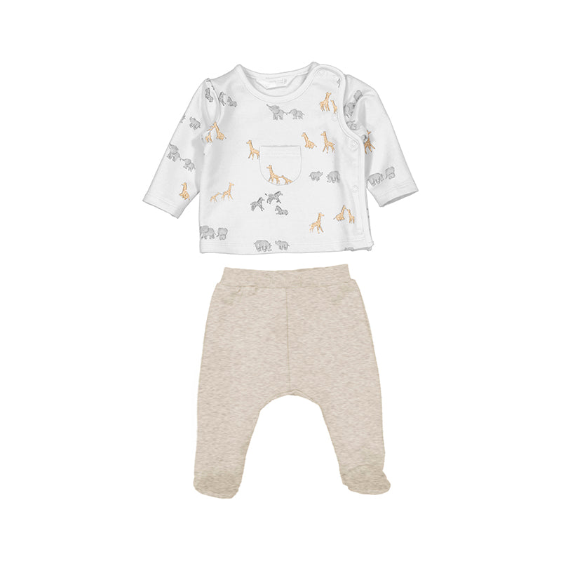 Mayoral-Printed Footed Pant Set-Heather Milk