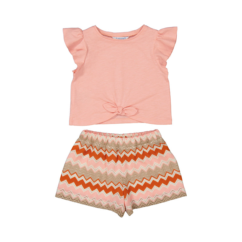 Mayoral-Girl Zigzag Print Shorts and T-Shirt Set-Salmon