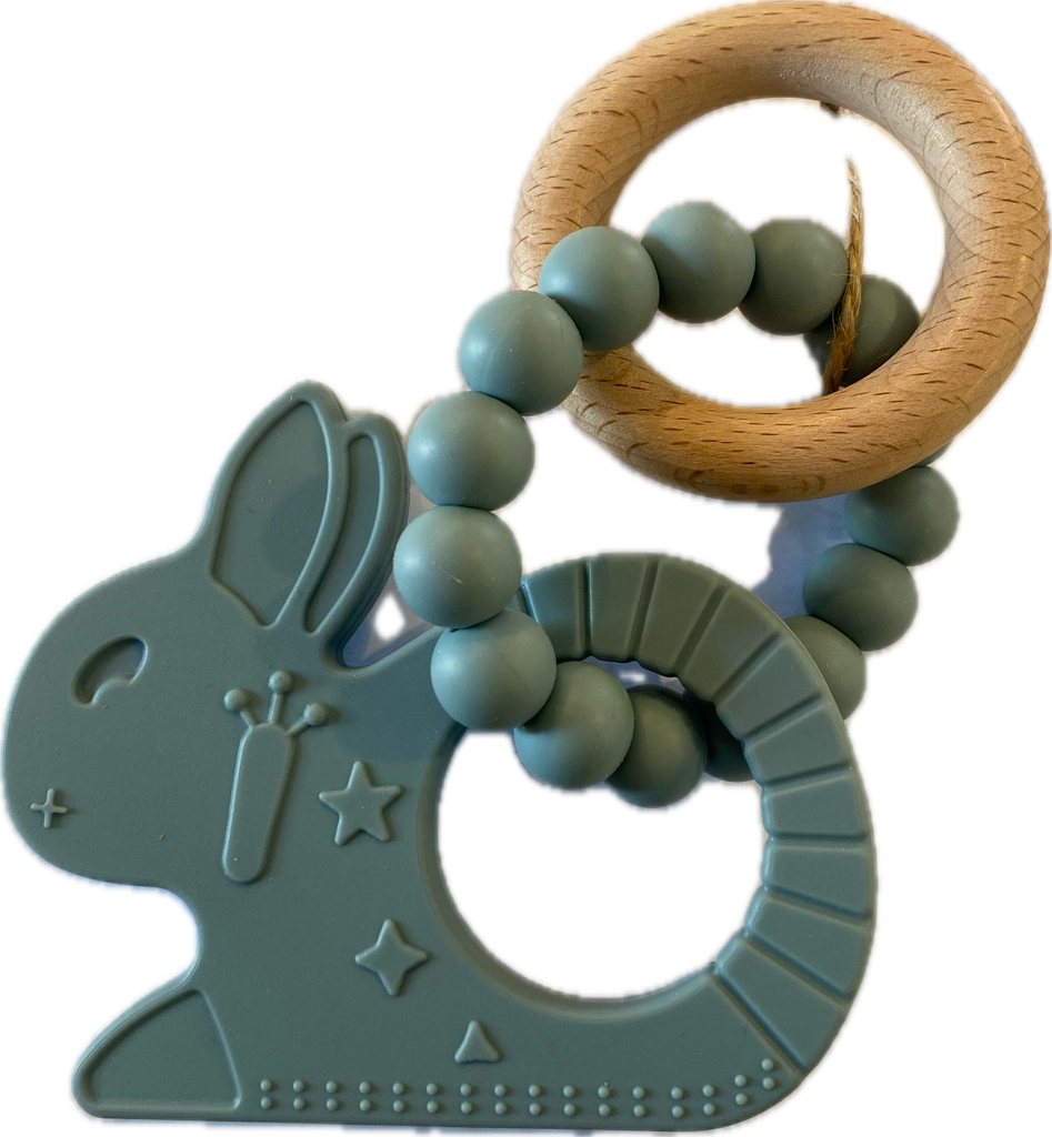 Three Hearts-Bunny Rattle with Silicone Ring-Slate