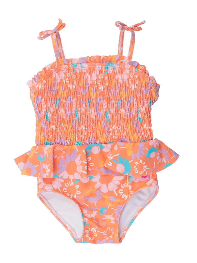 Ruffle Butts-Girls Coral Floral Peplum Smocked Bodice One Piece Swimsuit