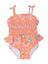 Ruffle Butts-Girls Coral Floral Peplum Smocked Bodice One Piece Swimsuit