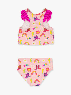 Ruffle Butts-Girls Cowgirl Cutie Racerback Flutter Tankini 2-Piece Swimsuit