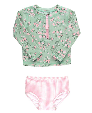 Ruffle Butts- Long Sleeve Zipper Rash Guard Bikini-Tea Roses