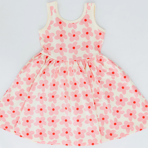 Good Apples-Sleeveless Twirl Dress in Pink Daisies