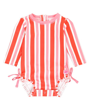 Ruffle Butts-Long Sleeve One Piece Rash Guard- Cayenne Pop Stripe