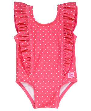 Ruffle Butts- Waterfall One Piece- Hot Pink Heart Polka Dot