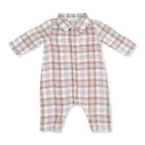 Angel Dear -Long Sleeve Polo Button Down Romper-Western Plaid