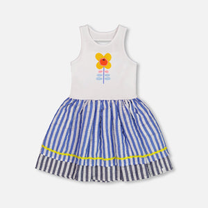 Deux Par Deux-Bi-Material Cotton And Seersucker Dress White And Royal Blue