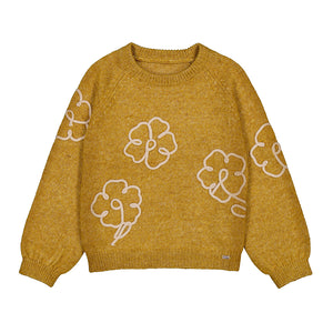 Mayoral-Flowers Applique Knit Sweater-Mustard