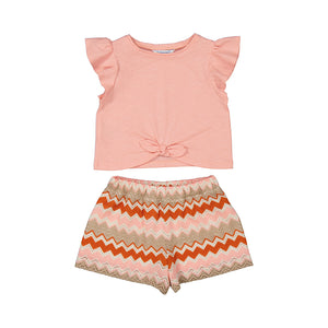 Mayoral-Girl Zigzag Print Shorts and T-Shirt Set-Salmon