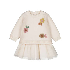 Mayoral-Tricot Tulle Dress-Cream