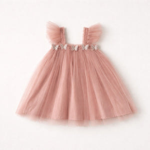 Stardust and Glitter-Tulle Dress with Butterfly Patches-Dusty Pink