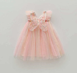 Stardust and Glitter-Butterfly Wings Tulle Dress-Peach Rainbow