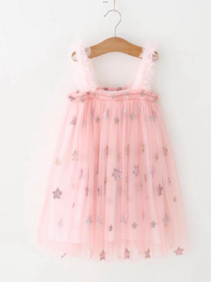 Stardust and Glitter-Tulle Sequin Star Dress-Pink