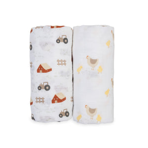 Lulujo - Cotton Muslin 2pk Swaddles-Barnyard & Hens/Chicks