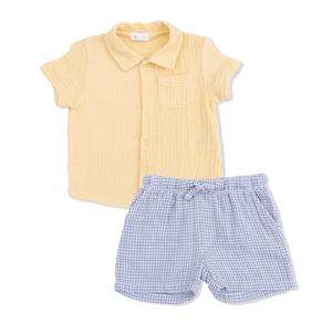 Angel Dear -Polo Button Up With Everyday Short-Micro Gingham Blue Blizzard