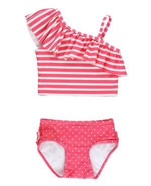 Ruffle Butts- One Shoulder Ruffle Tankini-Hot Pink Heart Polka Dot