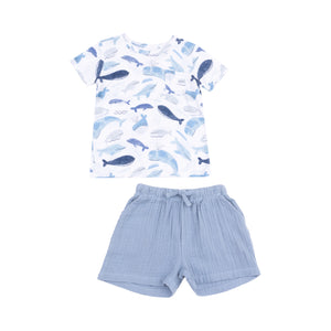 Angel Dear -Crew Neck Tee and Short Set-Blue Whales