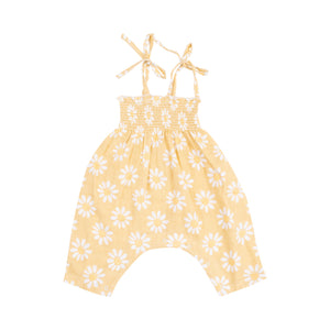 Angel Dear -Tie Strap Smocked Romper-Yellow Mod Daisy