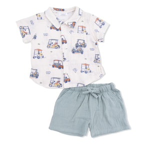 Angel Dear -Button Down Polo And Muslin Short Set-Zooming Golf Carts