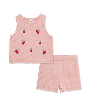 Little Me-Cherry Pointelle Knit Short Set