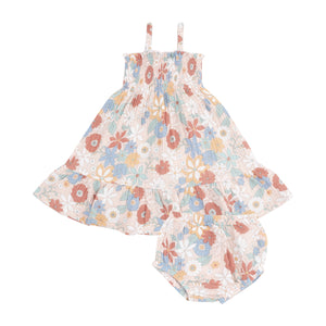 Angel Dear -Tie Strap Smocked Sun Dress and Diaper Cover-Tropical Retro Floral