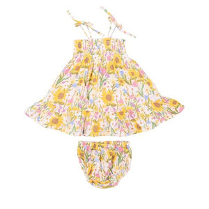 Angel Dear -Tie Strap Smocked Sun Dress and Diaper Cover-Sunflower Dream Floral
