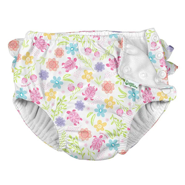 Green Sprouts - Eco Snap Ruffled Swim Diaper with Gussets - White Turtle Floral